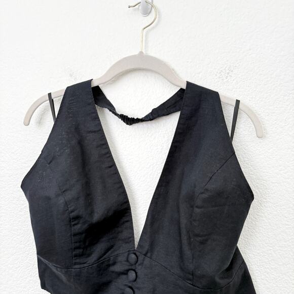 [Anthropologie] Black Linen Blend Retro V-Neck Halter Crop Tank NWT Size Large L - Picture 3 of 9